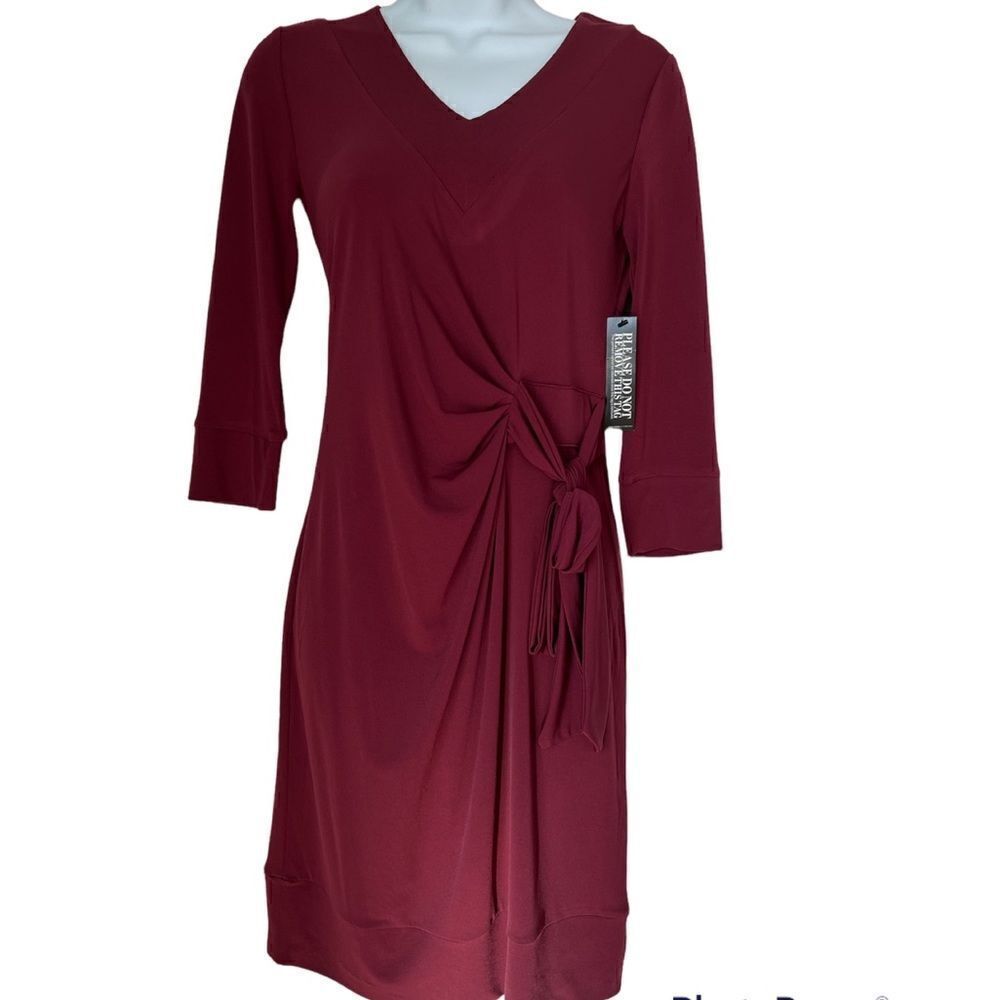 NWT New York and Company Cascade Faux Wrap Side Knot Burgundy  Dress Size  XS
